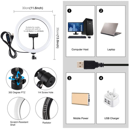 PULUZ 11.8 นิ้ว 30 ซม. USB 3 โหมดหรี่แสงได้อุณหภูมิสีคู่ LED โค้งกระจายแสงแหวนวิดีโอบล็อกเซลฟีการถ่ายภาพไฟวิดีโอพร้อมแคลมป์โทรศัพท์, 11.8 inch