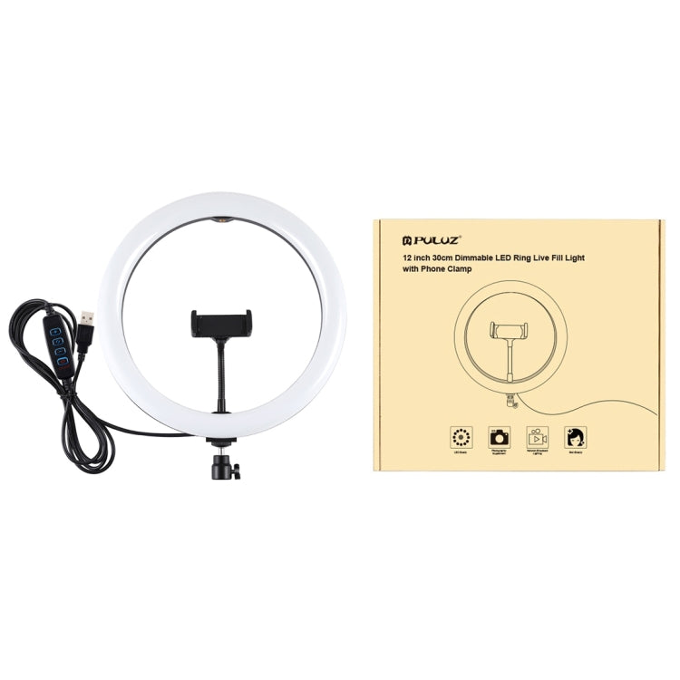PULUZ 11.8 นิ้ว 30 ซม. USB 3 โหมดหรี่แสงได้อุณหภูมิสีคู่ LED โค้งกระจายแสงแหวนวิดีโอบล็อกเซลฟีการถ่ายภาพไฟวิดีโอพร้อมแคลมป์โทรศัพท์, 11.8 inch