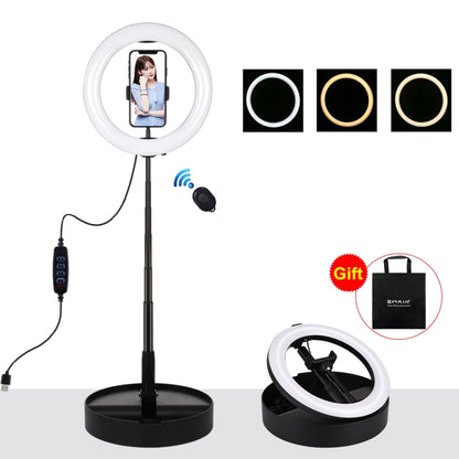 PULUZ 10.2 นิ้ว 26 ซม. USB 3 โหมดหรี่แสงได้อุณหภูมิสีแบบ Dual LED แหวนโค้งวิดีโอบล็อกเซลฟีการถ่ายภาพวิดีโอไฟพร้อม Bluetooth รีโมทชัตเตอร์และที่วางสก์ท็อปแบบพับได้และที่หนีบโทรศัพท์