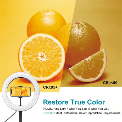 PULUZ 10.2 นิ้ว 26 ซม. USB 3 โหมดหรี่แสงได้อุณหภูมิสีแบบ Dual LED แหวนโค้งวิดีโอบล็อกเซลฟีการถ่ายภาพวิดีโอไฟพร้อม Bluetooth รีโมทชัตเตอร์และที่วางสก์ท็อปแบบพับได้และที่หนีบโทรศัพท์