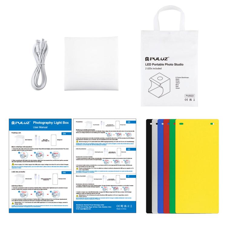 PULUZ 20 ซม. รวม 2 LED แผงพับแบบพกพา 1100LM แสงภาพแสงสตูดิโอถ่ายภาพเต็นท์กล่องชุดที่มี 6 ฉากหลังสี (สีดำ, สีขาว, สีเหลือง, สีแดง, สีเขียว, สีฟ้า), ขนาดแฉ: 24 ซม. x 23 ซม. x 23 ซม., 20cm(2 LED)