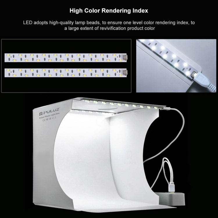 PULUZ 20 ซม. รวม 2 LED แผงพับแบบพกพา 1100LM แสงภาพแสงสตูดิโอถ่ายภาพเต็นท์กล่องชุดที่มี 6 ฉากหลังสี (สีดำ, สีขาว, สีเหลือง, สีแดง, สีเขียว, สีฟ้า), ขนาดแฉ: 24 ซม. x 23 ซม. x 23 ซม., 20cm(2 LED)