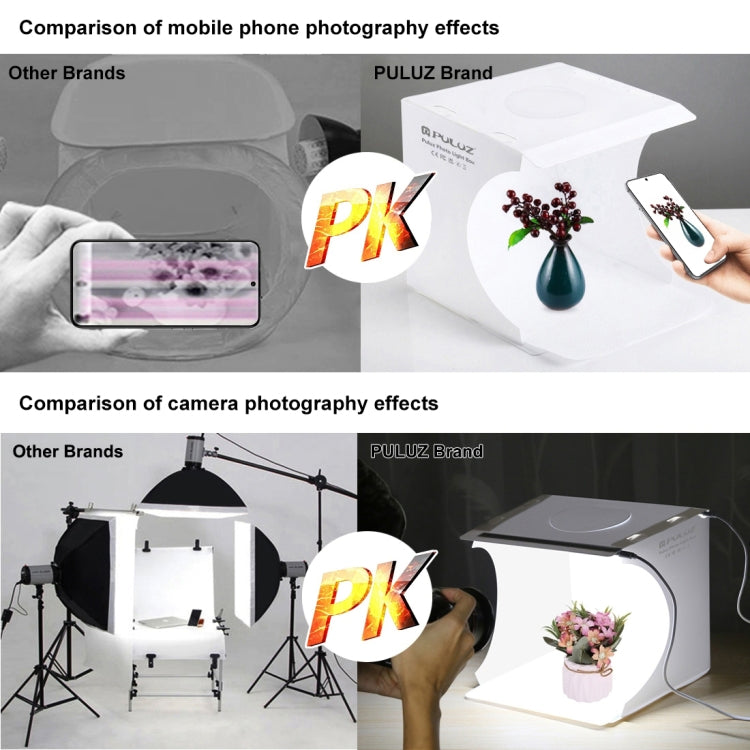 PULUZ 20 ซม. รวม 2 LED แผงพับแบบพกพา 1100LM แสงภาพแสงสตูดิโอถ่ายภาพเต็นท์กล่องชุดที่มี 6 ฉากหลังสี (สีดำ, สีขาว, สีเหลือง, สีแดง, สีเขียว, สีฟ้า), ขนาดแฉ: 24 ซม. x 23 ซม. x 23 ซม., 20cm(2 LED)