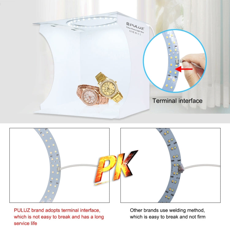 PULUZ 23 ซม. แหวน LED แผงพับแสงแบบพกพาภาพแสงสตูดิโอถ่ายภาพเต็นท์กล่องชุดที่มี 6 สีฉากหลัง (สีดำ, สีขาว, สีเหลือง, สีแดง, สีเขียว, สีฟ้า), แฉขนาด: 24 ซม. x 23 ซม. x 23 ซม., 23cm Ring LED Panel