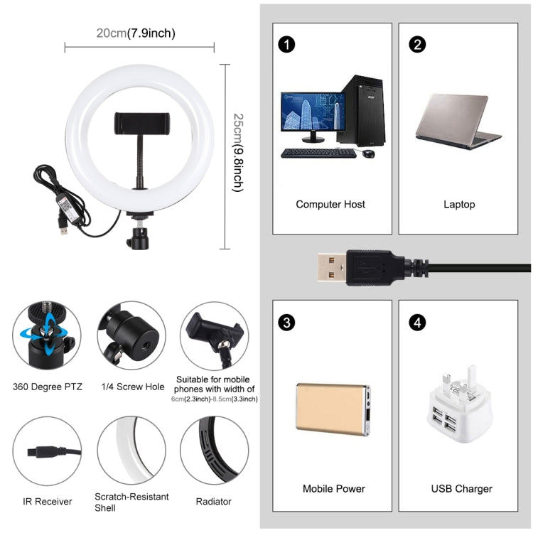 PULUZ 7.9 นิ้ว 20 ซม. USB RGB หรี่แสงได้ LED อุณหภูมิสีคู่ LED แหวนไฟโค้งวิดีโอบล็อกเซลฟีการถ่ายภาพไฟวิดีโอพร้อมแคลมป์โทรศัพท์, 7.9 inch RGBW