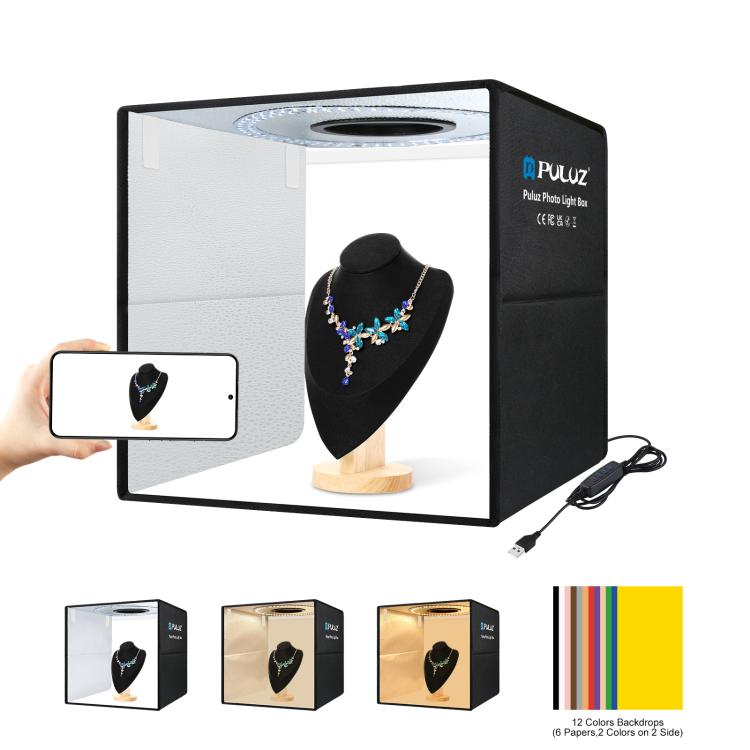 PULUZ 40 ซม. พับแบบพกพาแหวนไฟ USB ภาพแสงสตูดิโอถ่ายภาพเต็นท์กล่องที่มี 6 x ฉากหลังสีสองด้านขนาด: 40 ซม. x 40 ซม. x 40 ซม., 40cm