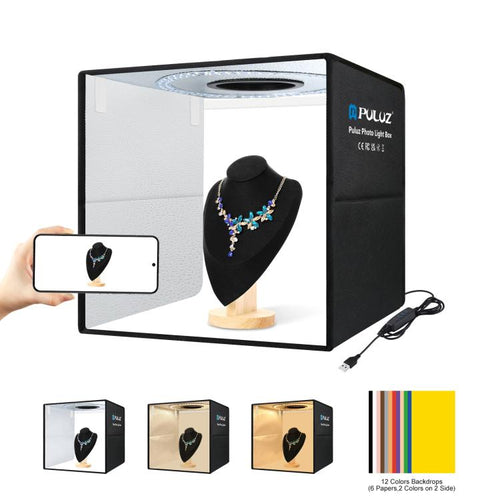 PULUZ 40 ซม. พับแบบพกพาแหวนไฟ USB ภาพแสงสตูดิโอถ่ายภาพเต็นท์กล่องที่มี 6 x ฉากหลังสีสองด้านขนาด: 40 ซม. x 40 ซม. x 40 ซม., 40cm