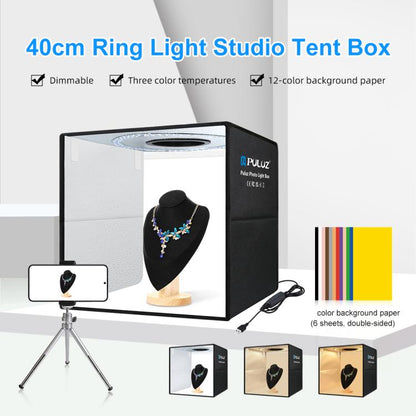 PULUZ 40 ซม. พับแบบพกพาแหวนไฟ USB ภาพแสงสตูดิโอถ่ายภาพเต็นท์กล่องที่มี 6 x ฉากหลังสีสองด้านขนาด: 40 ซม. x 40 ซม. x 40 ซม., 40cm