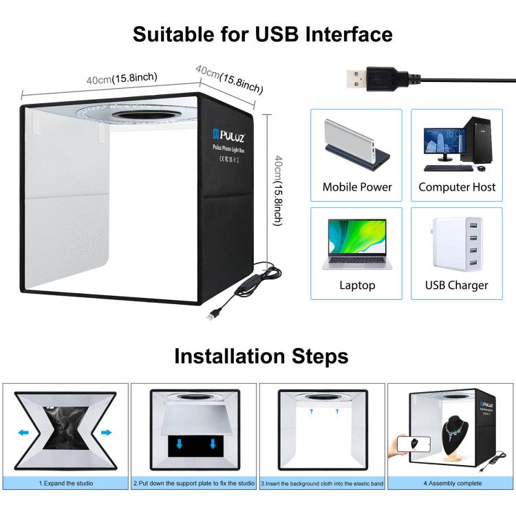 PULUZ 40 ซม. พับแบบพกพาแหวนไฟ USB ภาพแสงสตูดิโอถ่ายภาพเต็นท์กล่องที่มี 6 x ฉากหลังสีสองด้านขนาด: 40 ซม. x 40 ซม. x 40 ซม., 40cm