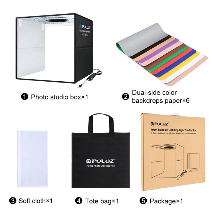PULUZ 40 ซม. พับแบบพกพาแหวนไฟ USB ภาพแสงสตูดิโอถ่ายภาพเต็นท์กล่องที่มี 6 x ฉากหลังสีสองด้านขนาด: 40 ซม. x 40 ซม. x 40 ซม., 40cm
