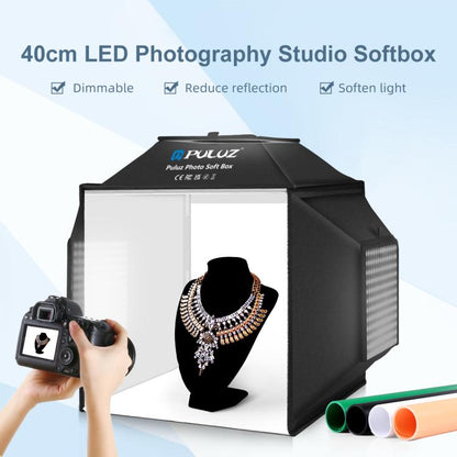PULUZ 40 ซม.พับ 72W 5500K สตูดิโอถ่ายภาพเต็นท์กล่องนุ่มชุดโคมไฟถ่ายภาพ 4 สี (สีดำ,สีส้ม,สีขาว,สีเขียว) ฉากหลัง, 40cm Folding 72W(AU Plug), 40cm Folding 72W(EU Plug), 40cm Folding 72W(UK Plug), 40cm Folding 72W(US Plug)