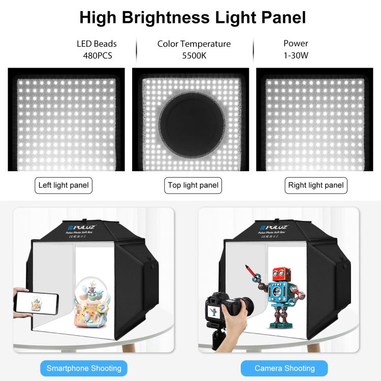PULUZ 40 ซม.พับ 72W 5500K สตูดิโอถ่ายภาพเต็นท์กล่องนุ่มชุดโคมไฟถ่ายภาพ 4 สี (สีดำ,สีส้ม,สีขาว,สีเขียว) ฉากหลัง, 40cm Folding 72W(AU Plug), 40cm Folding 72W(EU Plug), 40cm Folding 72W(UK Plug), 40cm Folding 72W(US Plug)