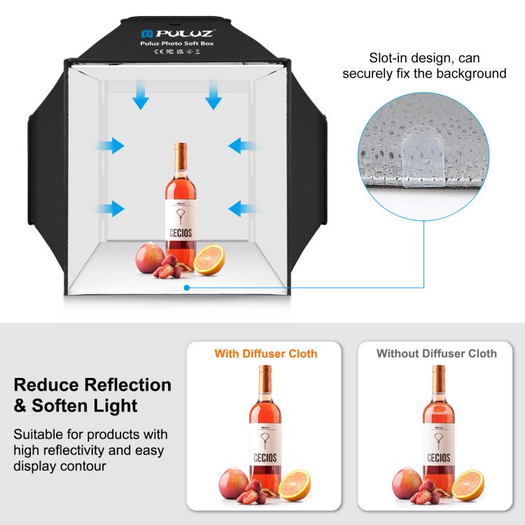 PULUZ 40 ซม.พับ 72W 5500K สตูดิโอถ่ายภาพเต็นท์กล่องนุ่มชุดโคมไฟถ่ายภาพ 4 สี (สีดำ,สีส้ม,สีขาว,สีเขียว) ฉากหลัง, 40cm Folding 72W(AU Plug), 40cm Folding 72W(EU Plug), 40cm Folding 72W(UK Plug), 40cm Folding 72W(US Plug)