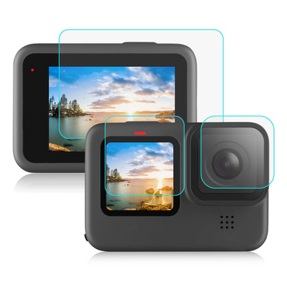 PULUZ สำหรับ GoPro Hero12 สีดำ / 11 สีดำ / 10 สีดำ / 9 เลนส์สีดำ + จอแสดงผล LCD 9H 2.5D ฟิล์มกระจกนิรภัย, For GoPro HERO9 Black