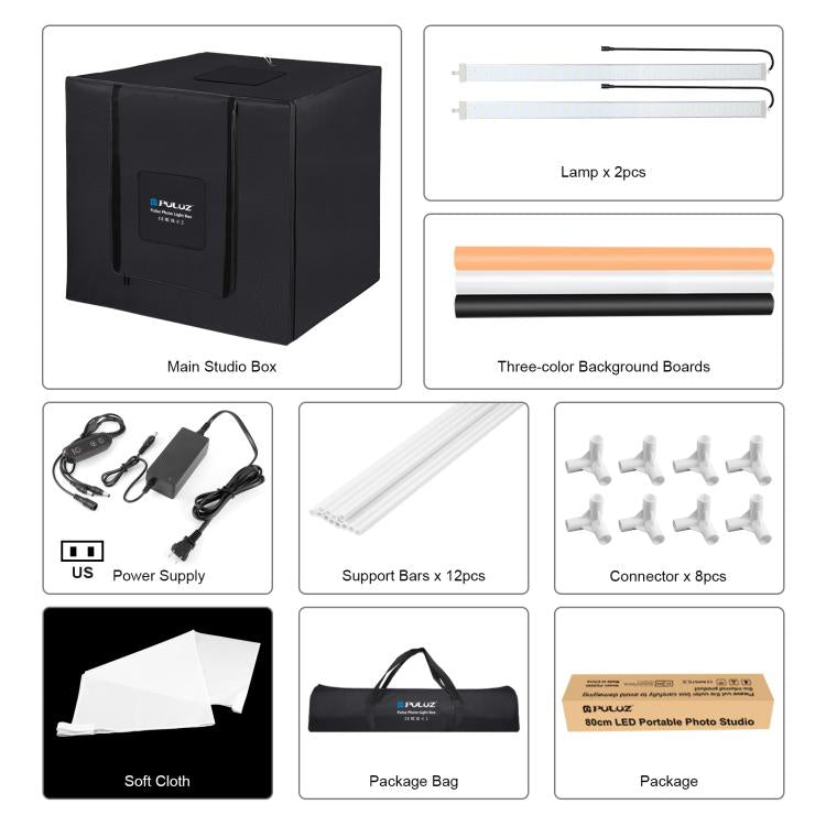 PULUZ 80 เซนติเมตรพับแบบพกพา 80 วัตต์ 9050LM แสงสีขาวภาพแสงสตูดิโอถ่ายภาพเต็นท์กล่องชุดที่มี 3 สี (สีดำ, สีขาว, สีส้ม) ฉากหลัง, 80cm Box(US), 80cm Box(EU), 80cm Box(AU), 80cm Box(UK)
