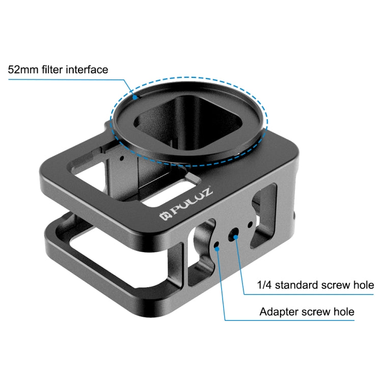 PULUZ สำหรับ GoPro HERO12 สีดำ / 11 สีดำ / 10 สีดำ / 9 สีดำข้นที่อยู่อาศัยเชลล์ CNC อลูมิเนียมอัลลอยด์กรงป้องกันที่มีกรอบประกันและ 52 มิลลิเมตรเลนส์ยูวี, For GoPro HERO9 Black Thicken