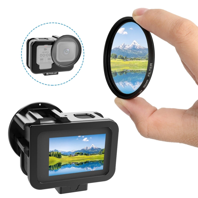 PULUZ สำหรับ GoPro HERO12 สีดำ / 11 สีดำ / 10 สีดำ / 9 สีดำบางที่อยู่อาศัยเชลล์ CNC อลูมิเนียมอัลลอยด์กรงป้องกันที่มีกรอบประกันและ 52 มิลลิเมตรเลนส์ UV, For GoPro HERO9 Black Thin