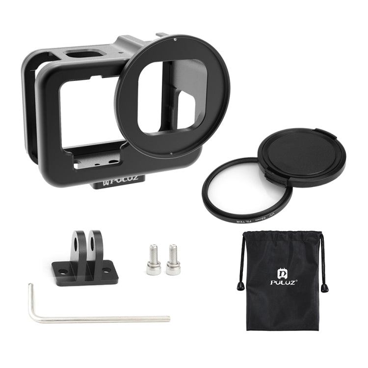 PULUZ สำหรับ GoPro HERO12 สีดำ / 11 สีดำ / 10 สีดำ / 9 สีดำบางที่อยู่อาศัยเชลล์ CNC อลูมิเนียมอัลลอยด์กรงป้องกันที่มีกรอบประกันและ 52 มิลลิเมตรเลนส์ UV, For GoPro HERO9 Black Thin