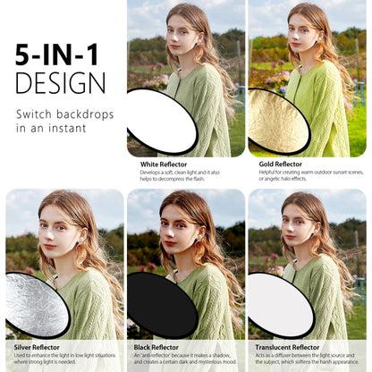 PULUZ 60cm 5 in 1 (สีเงิน / โปร่งแสง / ทอง / ขาว / ดำ) สตูดิโอถ่ายภาพแบบพับได้แผ่นสะท้อนแสง, 60cm Reflector