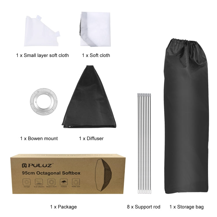 PULUZ 95 ซม. Speedlite แฟลชแปดเหลี่ยม Parabolic Softbox Bowens Mount Diffuser, 95cm Octangle