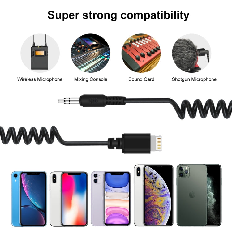 PULUZ 3.5 มม. TRRS ชาย 8 พินชายสดไมโครโฟนอะแดปเตอร์เสียงสปริงขดสายเคเบิลสำหรับ iPhone, สายเคเบิลยืดถึง 100 ซม., 3.5mm Male to 8 Pin