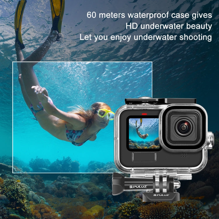 PULUZ สำหรับ GoPro HERO12 สีดำ / 11 สีดำ / 10 สีดำ / 9 สีดำ 60 เมตรเคสกันน้ำที่อยู่อาศัยพร้อมหัวเข็มขัดพื้นฐานเมาและสกรู, For GoPro HERO9 Black