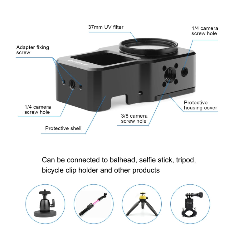 PULUZ CNC กรงโลหะผสมอลูมิเนียมสำหรับ DJI การกระทำ 2, Aluminum Cage (Black), Aluminum Cage (Titanium Color)