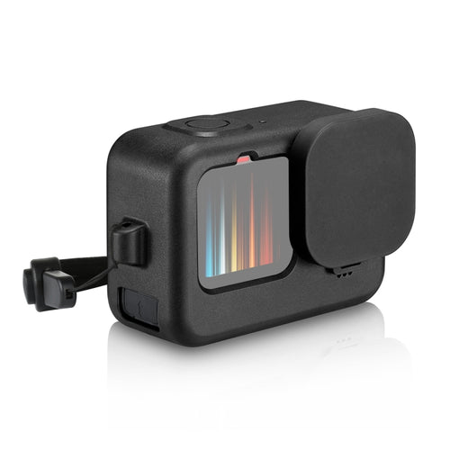 PULUZ สำหรับ GoPro HERO12 Black / 11 Black / 10 Black / 9 เคสซิลิโคนสีดำ + POM ฝาครอบอินเทอร์เฟซด้านข้างพร้อมสายรัดข้อมือและฝาครอบเลนส์, For GoPro HERO12 Black Silicone Case + Side Cover