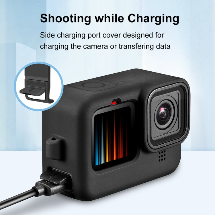 PULUZ สำหรับ GoPro HERO12 Black / 11 Black / 10 Black / 9 เคสซิลิโคนสีดำ + POM ฝาครอบอินเทอร์เฟซด้านข้างพร้อมสายรัดข้อมือและฝาครอบเลนส์, For GoPro HERO12 Black Silicone Case + Side Cover