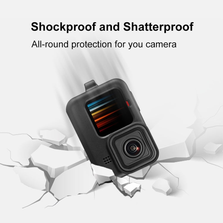 PULUZ สำหรับ GoPro HERO12 Black / 11 Black / 10 Black / 9 เคสซิลิโคนสีดำ + POM ฝาครอบอินเทอร์เฟซด้านข้างพร้อมสายรัดข้อมือและฝาครอบเลนส์, For GoPro HERO12 Black Silicone Case + Side Cover