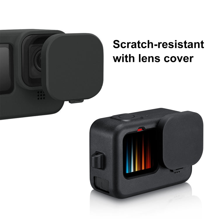 PULUZ สำหรับ GoPro HERO12 Black / 11 Black / 10 Black / 9 เคสซิลิโคนสีดำ + POM ฝาครอบอินเทอร์เฟซด้านข้างพร้อมสายรัดข้อมือและฝาครอบเลนส์, For GoPro HERO12 Black Silicone Case + Side Cover