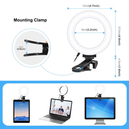 PULUZ 4.7 นิ้ว 12 ซม. แหวนไฟเซลฟี่ 3 โหมด USB หรี่แสงได้อุณหภูมิสีคู่ LED โค้งวิดีโอบล็อกการถ่ายภาพไฟวิดีโอพร้อมตัวยึดคลิปจอภาพ, 4.7 inch+Clip
