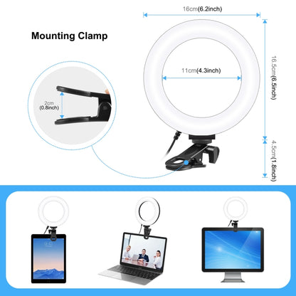 PULUZ 6.2 นิ้ว 16 ซม. แหวนไฟเซลฟี่ 3 โหมด USB หรี่แสงได้อุณหภูมิสีคู่ LED โค้งวิดีโอบล็อกการถ่ายภาพไฟวิดีโอพร้อมตัวยึดคลิปจอภาพ, 6.2 inch Light+Clip