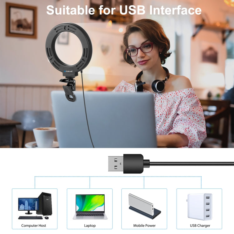 PULUZ 6.2 นิ้ว 16 ซม. แหวนไฟเซลฟี่ 3 โหมด USB หรี่แสงได้อุณหภูมิสีคู่ LED โค้งวิดีโอบล็อกการถ่ายภาพไฟวิดีโอพร้อมตัวยึดคลิปจอภาพ, 6.2 inch Light+Clip