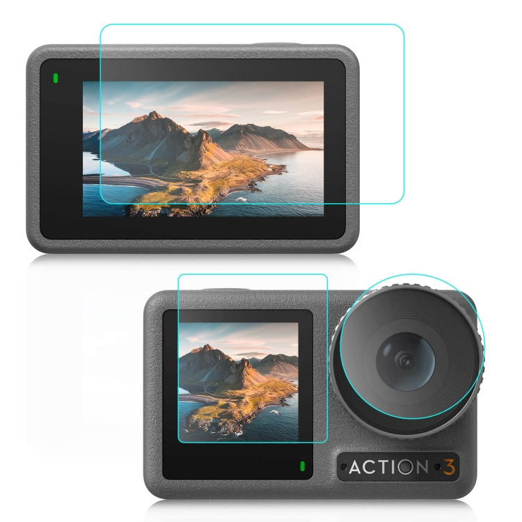 สำหรับ DJI Osmo การกระทำ 3/4 PULUZ 3 ใน 1 เลนส์ด้านหน้าและด้านหลังหน้าจอกระจกนิรภัยฟิล์มป้องกันการระเบิด, For DJI Osmo Action 3