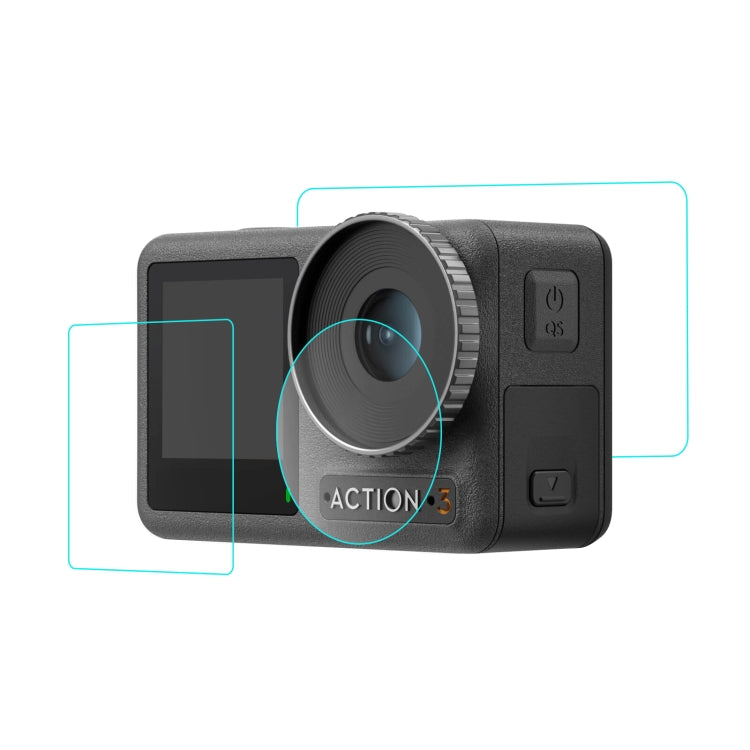 สำหรับ DJI Osmo การกระทำ 3/4 PULUZ 3 ใน 1 เลนส์ด้านหน้าและด้านหลังหน้าจอกระจกนิรภัยฟิล์มป้องกันการระเบิด, For DJI Osmo Action 3