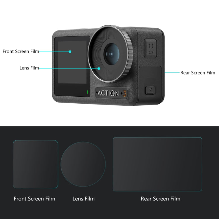 สำหรับ DJI Osmo การกระทำ 3/4 PULUZ 3 ใน 1 เลนส์ด้านหน้าและด้านหลังหน้าจอกระจกนิรภัยฟิล์มป้องกันการระเบิด, For DJI Osmo Action 3
