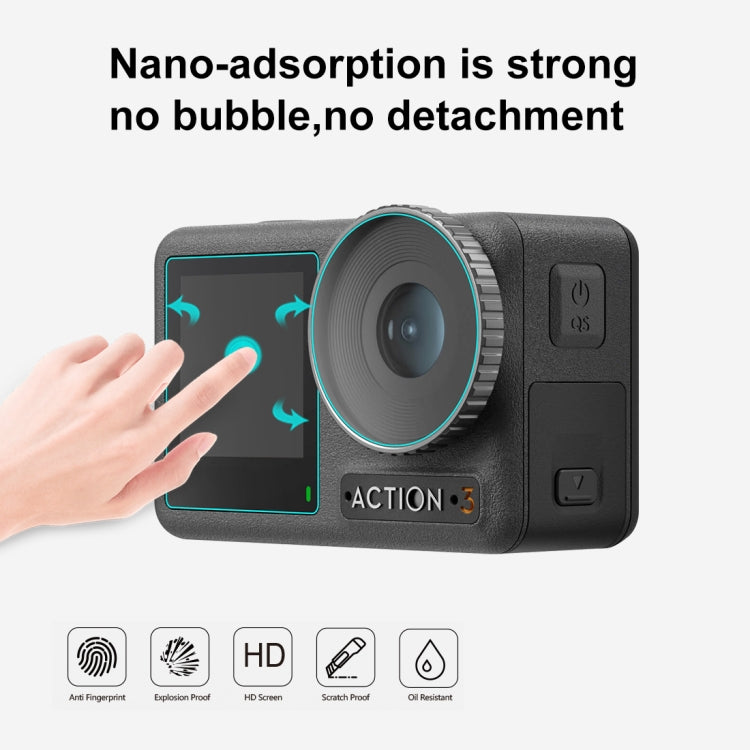 สำหรับ DJI Osmo การกระทำ 3/4 PULUZ 3 ใน 1 เลนส์ด้านหน้าและด้านหลังหน้าจอกระจกนิรภัยฟิล์มป้องกันการระเบิด, For DJI Osmo Action 3