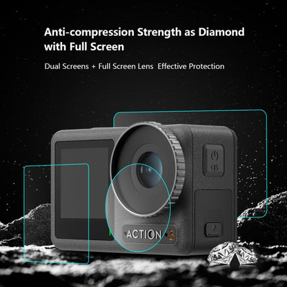 สำหรับ DJI Osmo การกระทำ 3/4 PULUZ 3 ใน 1 เลนส์ด้านหน้าและด้านหลังหน้าจอกระจกนิรภัยฟิล์มป้องกันการระเบิด, For DJI Osmo Action 3