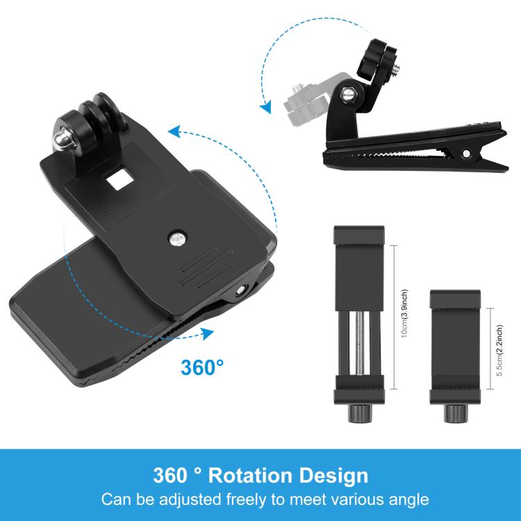 PULUZ 4 in 1 360 องศาหมุนกระเป๋าเป้สะพายหลังหมวก QR คลิป Rec-mounts พร้อมชุดหนีบโทรศัพท์