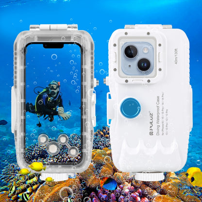 PULUZ เคสดำน้ำกันน้ำ 40 ม. / 130 ฟุตสำหรับ iPhone 15 Pro / 14 / 14 Pro / 13 / 13 Pro / 12 / 12 Pro พร้อมวาล์วทางเดียวถ่ายภาพวิดีโอการถ่ายฝาครอบที่อยู่อาศัยใต้น้ำ, For iPhone 16 / 15 / 15 Pro, For iPhone 14 / 14 Pro
