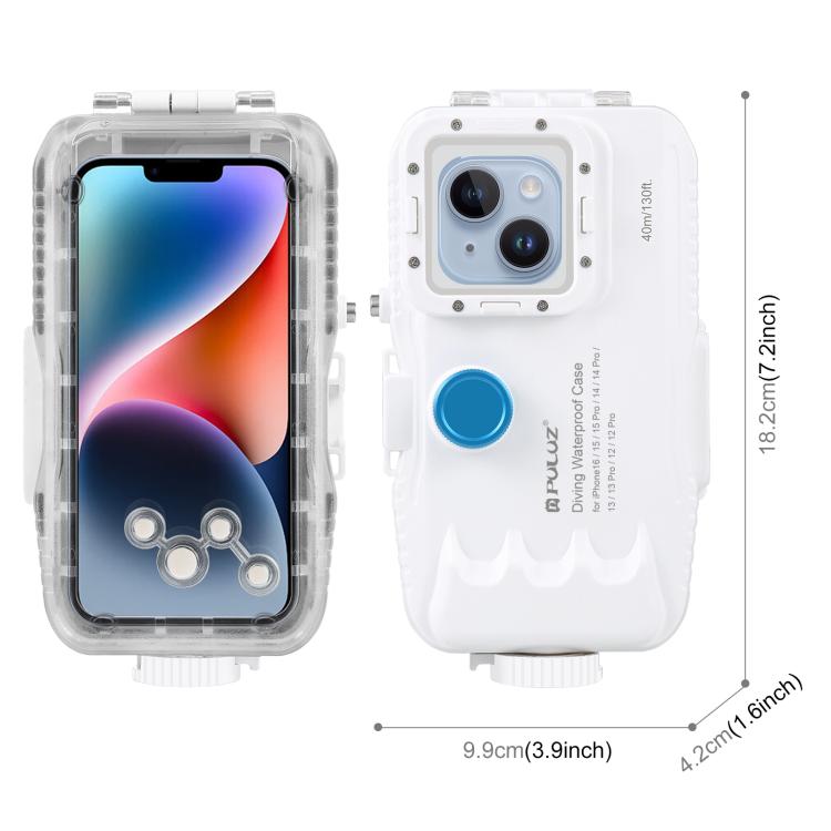PULUZ เคสดำน้ำกันน้ำ 40 ม. / 130 ฟุตสำหรับ iPhone 15 Pro / 14 / 14 Pro / 13 / 13 Pro / 12 / 12 Pro พร้อมวาล์วทางเดียวถ่ายภาพวิดีโอการถ่ายฝาครอบที่อยู่อาศัยใต้น้ำ, For iPhone 16 / 15 / 15 Pro, For iPhone 14 / 14 Pro