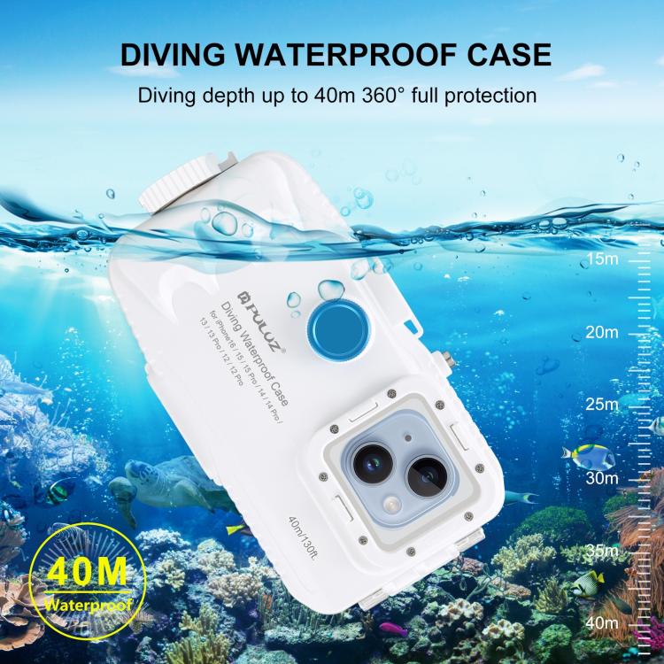 PULUZ เคสดำน้ำกันน้ำ 40 ม. / 130 ฟุตสำหรับ iPhone 15 Pro / 14 / 14 Pro / 13 / 13 Pro / 12 / 12 Pro พร้อมวาล์วทางเดียวถ่ายภาพวิดีโอการถ่ายฝาครอบที่อยู่อาศัยใต้น้ำ, For iPhone 16 / 15 / 15 Pro, For iPhone 14 / 14 Pro