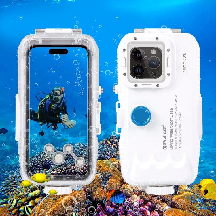 PULUZ 40m / 130ft เคสดำน้ำกันน้ำสำหรับ iPhone 14 Plus / 14 Pro Max / 13 Pro Max / 12 Pro Max / 11 Pro Max พร้อมวาล์วทางเดียวถ่ายวิดีโอถ่ายฝาครอบที่อยู่อาศัยใต้น้ำ, For iPhone 15 Pro Max / 15 Plus / 14 Plus, For iPhone 14 Plus / 14 Pro Max