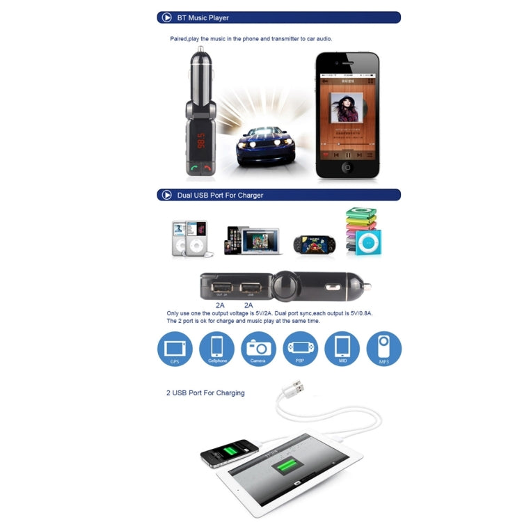 BC-06 ชุดอุปกรณ์ติดรถยนต์ Bluetooth เครื่องส่งสัญญาณ FM เครื่องเล่น MP3 ในรถยนต์พร้อมจอแสดงผล LED 2 เครื่องชาร์จ USB และฟังก์ชั่นแฮนด์ฟรี, BC06