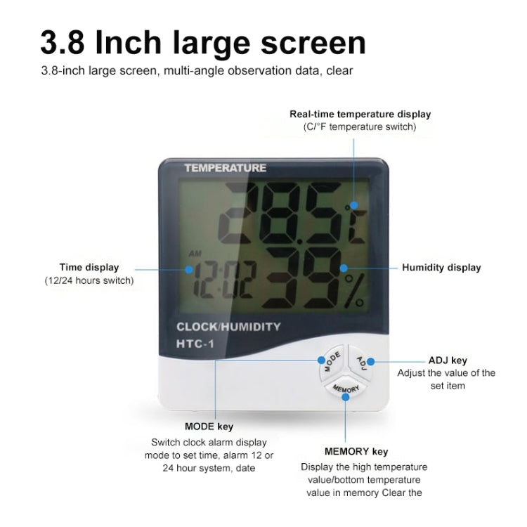เครื่องวัดอุณหภูมิและความชื้นดิจิตอล LCD ขนาด 3.8 นิ้ว พร้อมนาฬิกา / ปฏิทิน (HTC-1), HTC-1