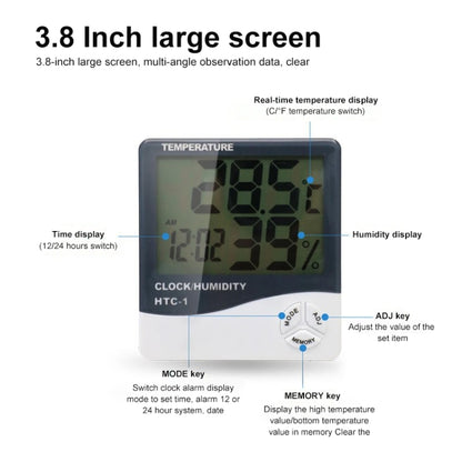 เครื่องวัดอุณหภูมิและความชื้นดิจิตอล LCD ขนาด 3.8 นิ้ว พร้อมนาฬิกา / ปฏิทิน (HTC-1), HTC-1