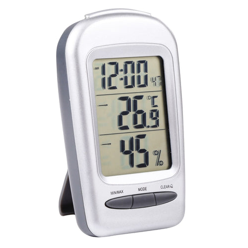 ไฮโกรมิเตอร์เครื่องวัดอุณหภูมิในร่มแบบดิจิตอล LCD พร้อมวันที่ / นาฬิกา / คำเตือนการแช่แข็ง, W240