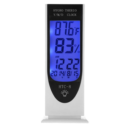 HTC-8 Luminous LCD Digital LED Night Light เครื่องวัดอุณหภูมิเครื่องวัดความชื้นสัมพัทธ์แบ็คไลท์พร้อมนาฬิกาปลุก / วันที่ / นาฬิกา / ปฏิทิน, HTC-8