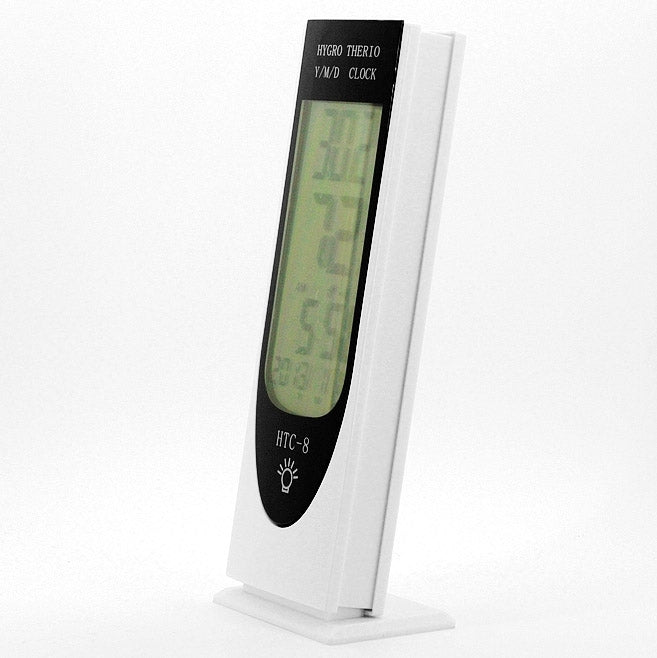 HTC-8 Luminous LCD Digital LED Night Light เครื่องวัดอุณหภูมิเครื่องวัดความชื้นสัมพัทธ์แบ็คไลท์พร้อมนาฬิกาปลุก / วันที่ / นาฬิกา / ปฏิทิน, HTC-8